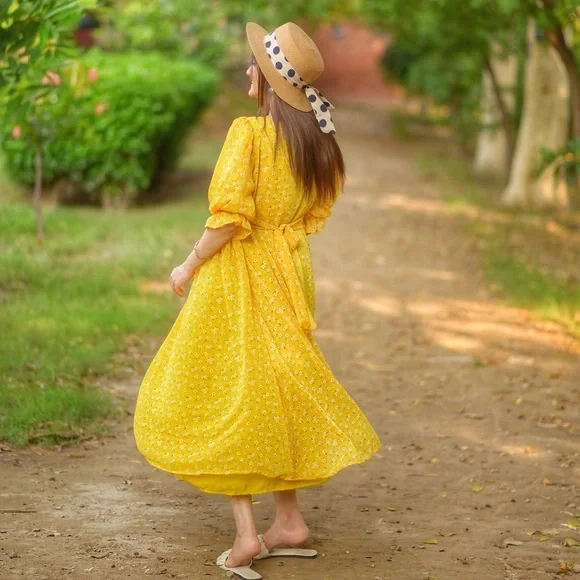 Yellow Chiffon Summer Frock Zara/Mango/Khaadi - Picture 3 of 4